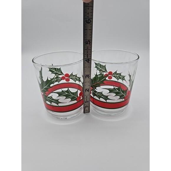 Vintage Set of (2) LIBBY Holly & Berries Ribbon 4" Old Fashioned Rocks Glasses - Picture 6 of 8